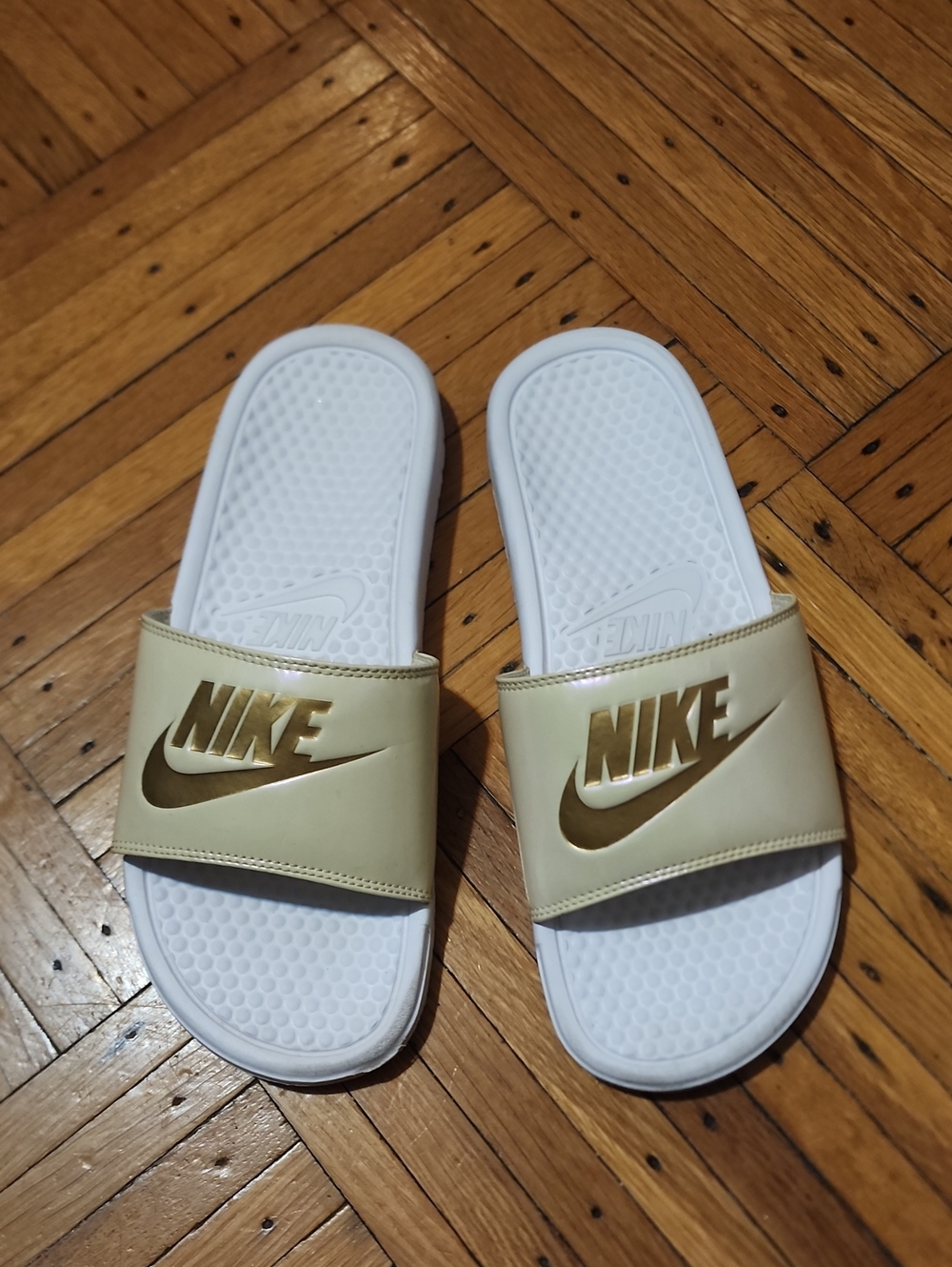 Nike White Slides with Gold Logo Kids Sandals